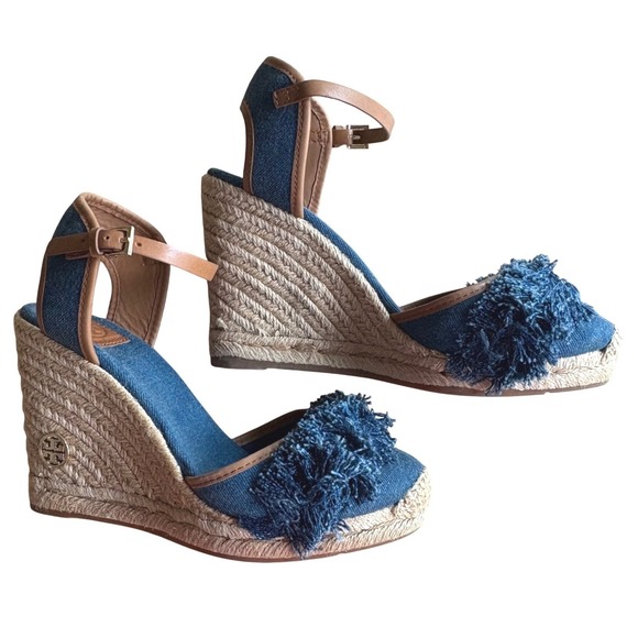 $350 NWOB TORY BURCH Isle Denim Fringed Espadrille Rope Wedge Heel Sandals SZ 10 - Picture 1 of 11